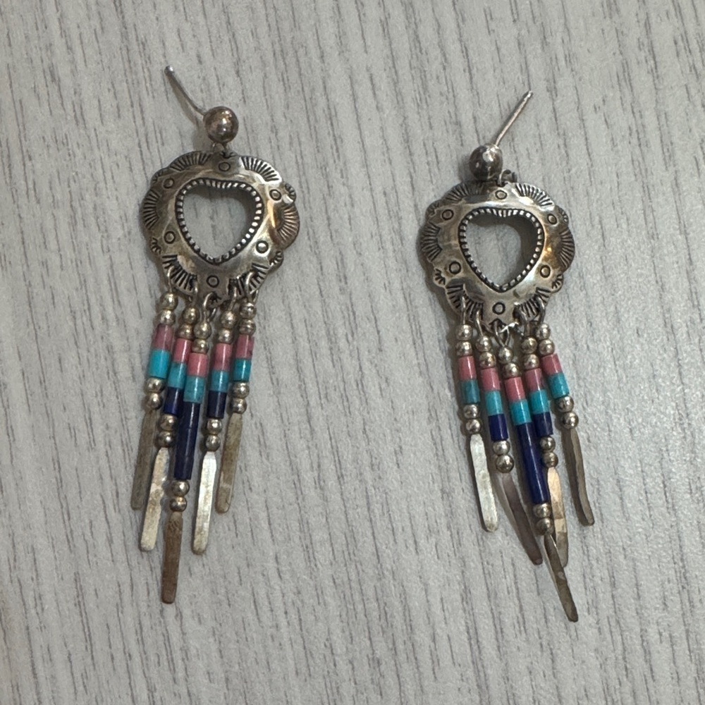 Navajo Sterling Silver Heart Earrings with Long Multi Stone Dangles - Picture 1 of 2